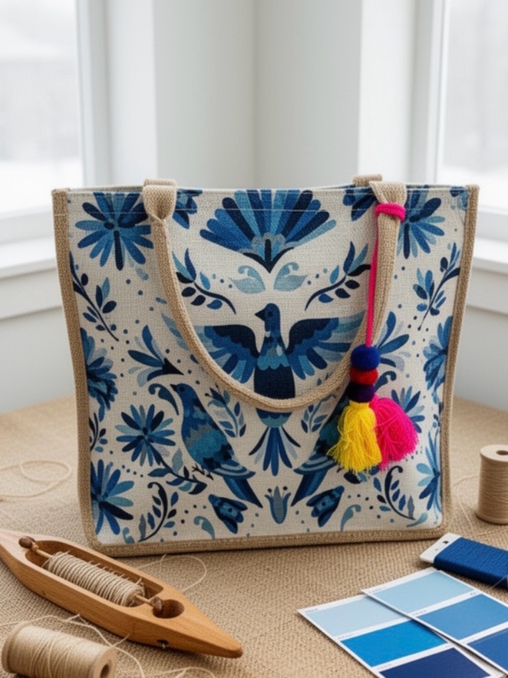 Blue Otomi Tote Bag with Tassel